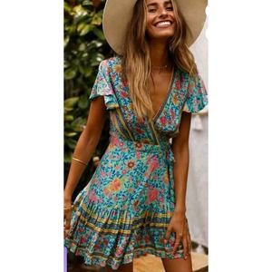 NWT Zesica Wrap Dress Boho Beachy Paisley Cottage Blue Pink Ruffle Women's SZ XL